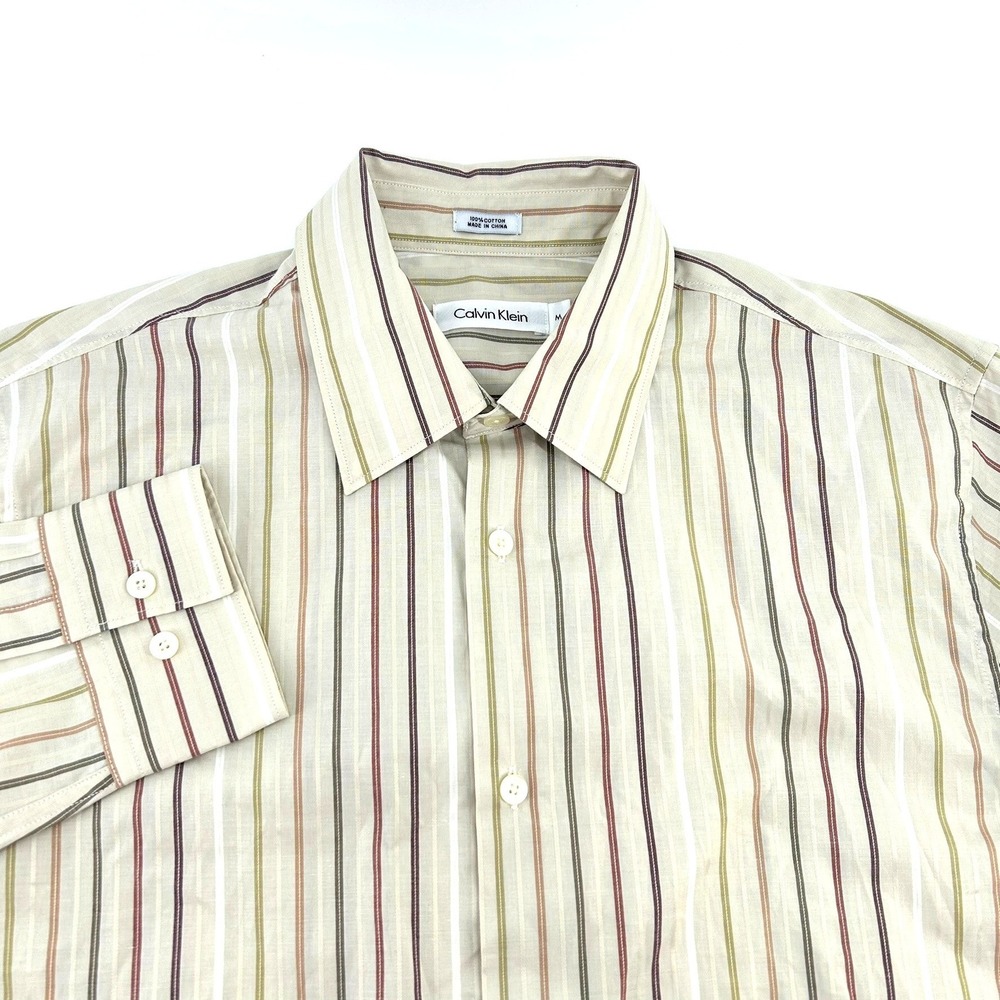 Calvin Klein Mens Medium Tan Brown Striped Long Sleeve Button Down Shirt Cotton
